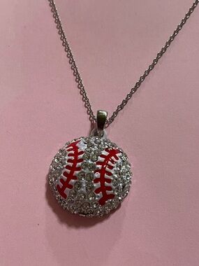 Crystal Silver Tone Baseball Necklace #9997